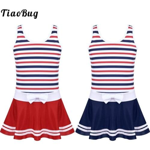 Summer Kids Girls One-Piece Striped Swimsuit Wide Shoulder Straps Bow Splice Style Swimwear Bathing Suit Beach Dress