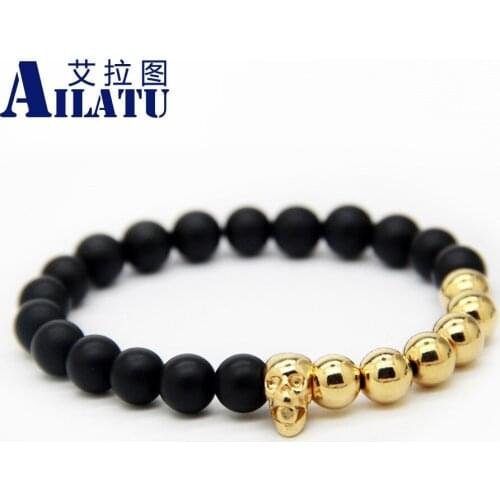 Ailatu Fashion Hematite Stone Jewelry 8mm Black Glass Beads with Magic Skull Yoga Bracelet Mens Pulseras Hombre Bracciali