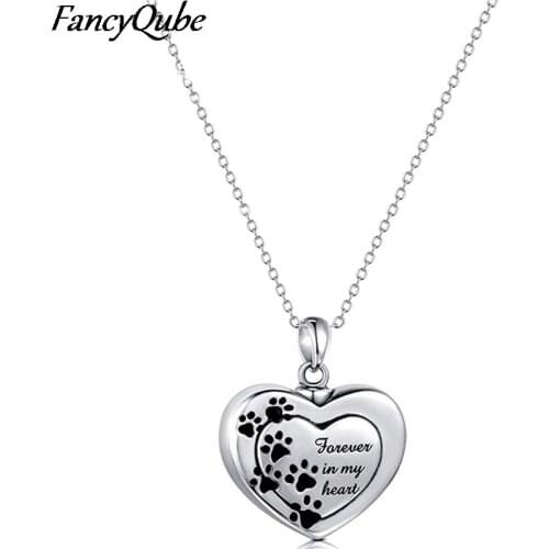 Pet Remembrance Necklace Dog Footprint Charm Paw Print Round Memorial Urn Jewelry For Cremation Ashes