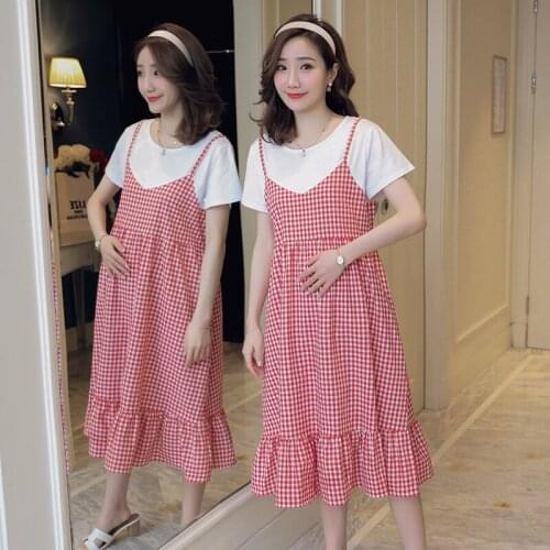 Maternity Dress 2021 Summer Fashion Plaid Pathcwork Short Sleeve Dress for Pregnant Women Elegant Pregnancy Clothes