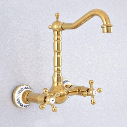 Luxury Gold Brass Wall Mounted Bathroom Kitchen Basin Sink Faucet Two Holes/Handles Mixer Taps