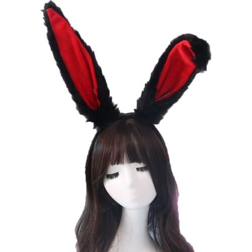 Pink Cute Rabbit Bunny Ears Headband Japanese Halloween Lolita Handmade Hair Accessories Cosplay Party Costume Black