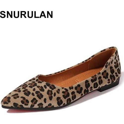 SNURULAN Sexy leopard flat shoes woman shallow mouth pointed toe without lace moccasins women soft bottom leopard moccasin sneak