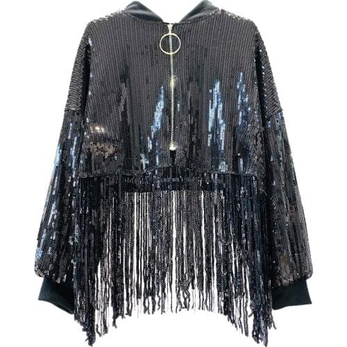 PERHAPS U Women Black Gold Silver Red Blue Green Sequined Tassel Thin Jacket Zipper Long Sleeve Baseball Uniform C0473