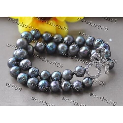 Z11280 2row 8" 12mm Peacock-Black Round Edison Keshi Pearl Bracelet Bowknot CZ Women Fine Jewelry