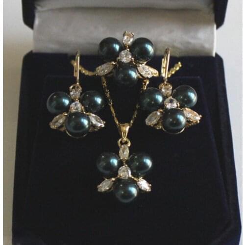 Rare 8mm Black South Sea Shell Pearl Earrings Ring & Necklace Pendant Jewel Set