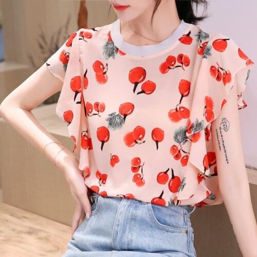 Womens Spring Summer Style Chiffon Shirt Womens O-neck Printed Short Sleeve Ruffles Korean Loose Tops DD8624