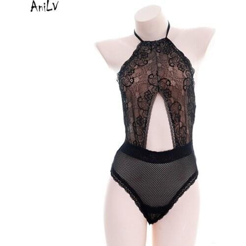 AniLV Women Sexy Black Lace Halter One-piece Swimsuit Costume Girl Maid Tight Leotard Swimwear Uniform Pool Party Cosplay