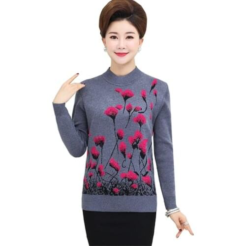 Autumn Winter Middle-aged lady Turtleneck Sweater Pullover Warm Long-sleeved Printed Short Knitted Sweaters Mother Casual Tops