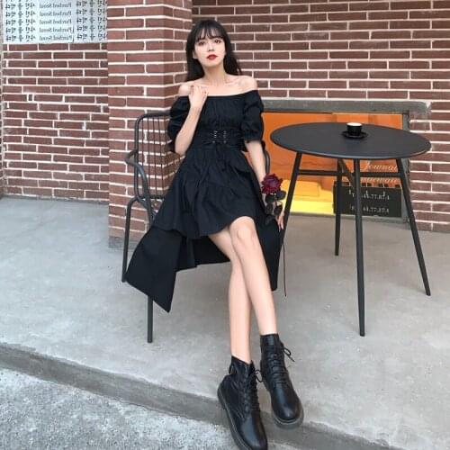Plus Size Summer Black Irregular Fried Street Dress Women 2021 Fashion Sweet Vintage One Shoulder Puff Sleeve Skirts Female A727