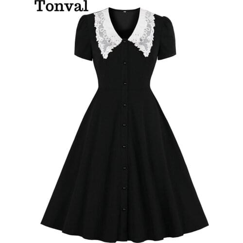 Tonval Lace Peter Pan Collar Single-Breasted Elegant Black Dresses for Women 2021 Vintage Rockabilly Robe Summer Dress