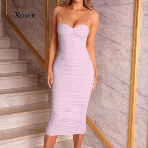 Sling Folds Midi Dress Wrap Breast Dresses Slim Women Sexy Backless Bodycon Pleated Stretch Spaghetti Straps Dresses Clothing