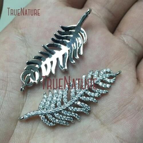 10Pcs Realease Copper Double Bail Pendant Clear Zircon Micro Inserts Sliver Plated Feather Connector For Less 44x16mm PC1195