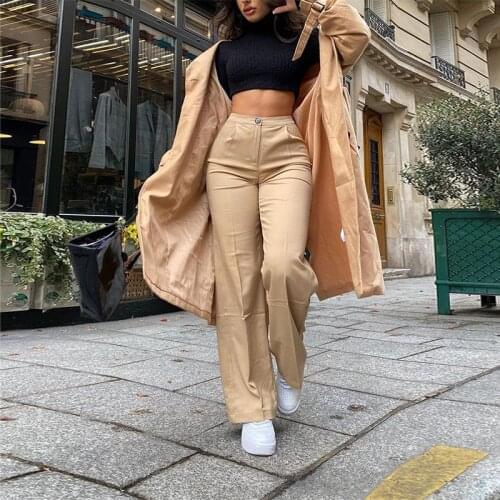 2021 Trendy Khaki Long Pants Women High Waist Solid Slim Fit Flare Pants Holiday Casual Straight Trousers Streetwear