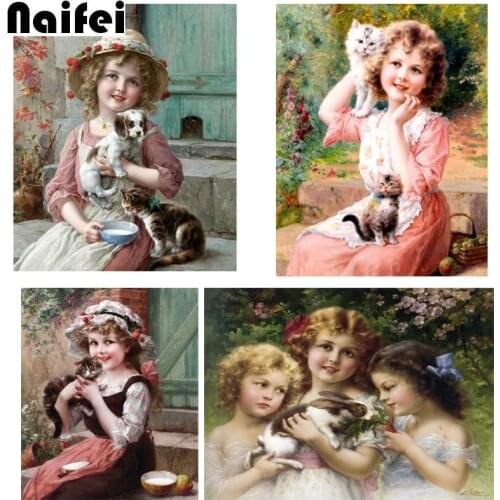 5D DIY Diamond Painting girl with cat dog Full Square/Round Embroidery Sale Picture Rhinestone Diamond Mosaic Home Decor