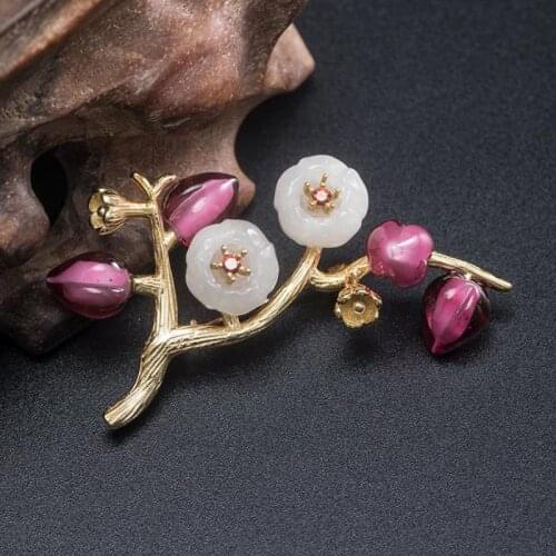 Volta Van 925 Sterling Silver Brooches Vintage Natural Jade Elegant Flower 2021 New Design Fine Jewelry National Style Brooches