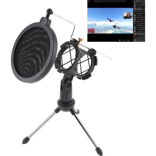 Black F-9 Microphone Tripod Metal Microphone Stand Tripod with Microphone Wind Rack Fit for Meeting / Singing / Speech