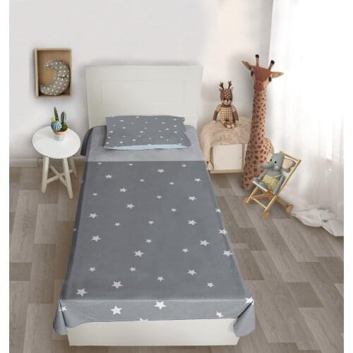 Çocuk odası yatak örtüsü düz gri beyaz yıldız yatak örtüsü