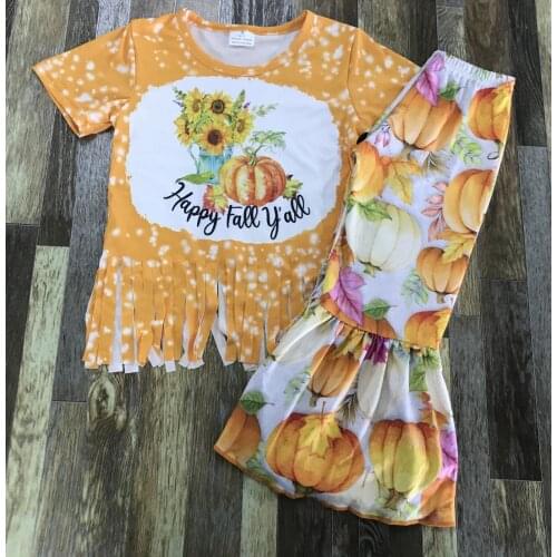 2021 Kids summer Clothing Baby Girl Tfringed Sunflower Pumpkin Print Top Leopard Print Maple Leaf Flared Pants Set