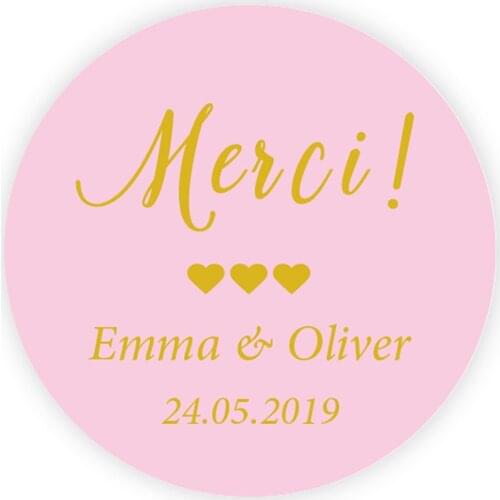DouxArt 100 Pieces Custom Personalized, Wedding Stickers Merci, 40mm Heart Wedding Favors Communion Invitation Box Label P041