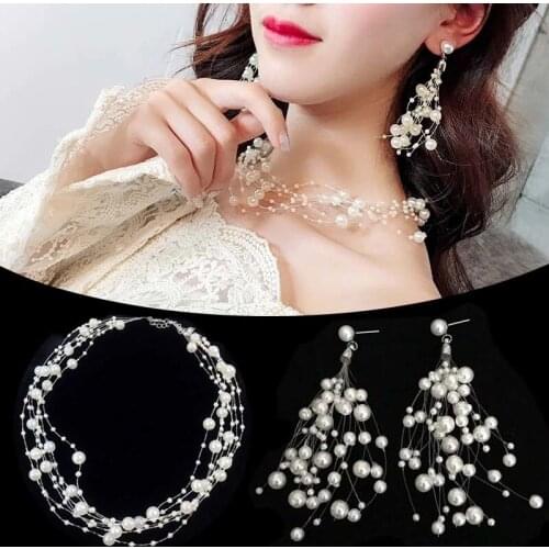 Noble Elegant Lady Pearl Multilayer Necklace Earring set Japan Korea Simple Cute Sweet Party Wedding Clavicle Chain Jewelry Gift