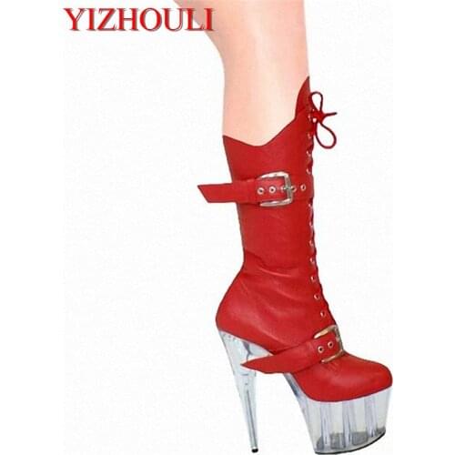 European and American hot style elastic boots with a belt buckle over high boots, 15CM high heels and sexy paint Dance Shoes