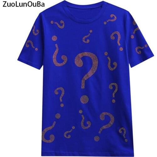 ZuoLunOuBa Summer Streetwear Women T Shirt Geometry Hot Drilling Question Mark Harajuku Tees Loose Trend Blue Female Tops