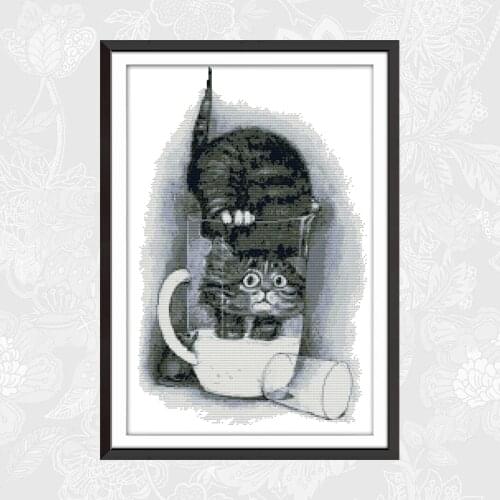 Joy Sunday Greedy Cat Print Canvas DMC 14CT 11CT Cross Stitch kits Embroidery Needlework Set Handmade Crafts Home Decor