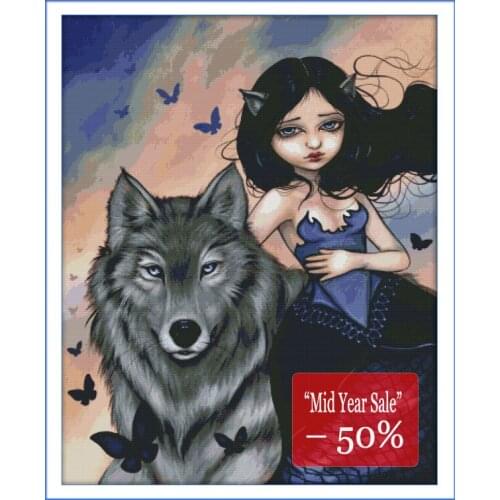 Wolf and girl Cross Stitch Kits printed canvas Home Gifts Embroidery Needlework DMC Counted DIY Cross-stitch set Decor