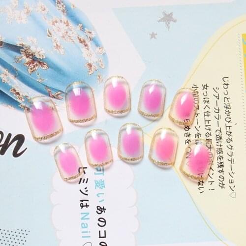 Shining golden edge blush false nails 24pcs with glue Cute pure color fake nails Japanese short size full nail tips lady Bride