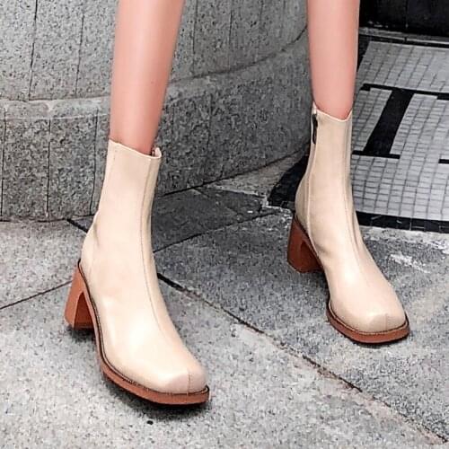England Style Genuine Leather Thick Heel Shoes Women Winter Zipper Ankle Boots High Quality Street Square Toe High-Top Boots