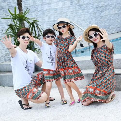 Family Matching Outfits Summer Mom Daughter National style Dresses Dad Son T-Shirts +Shorts Matching Couple Outfits