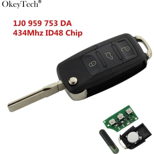 Okeytech Folding Flip 3 Button Remote Car Key 434Mhz ID48 Chip For VW Volkswagen Skoda Seat 1J0 959 753 DA Free Shipping
