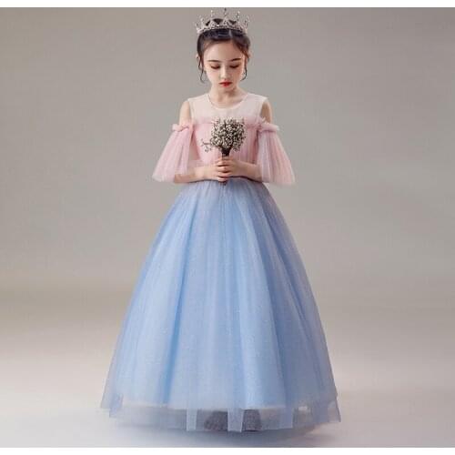 Flower Girls Dresses Sequined O-Neck Pleat Off The Shpulder Lace Elegant Tulle Ball Gown Tiered Floor-Length Princess Skirt D194