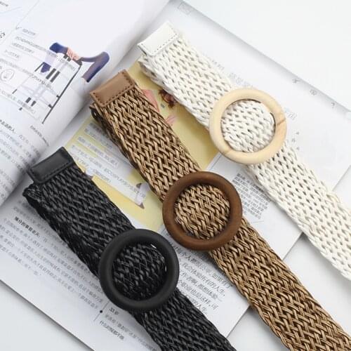New Vintage Round Wooden Buckle Belt Knitted Fake Straw Hollow Plastic Woman Plain Braid Belts For Women Waist Belts Dress