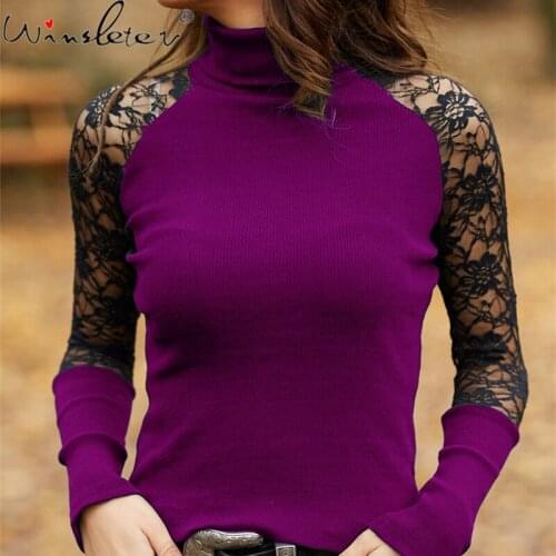 Spring 2021 Tshirt Women Girls Lace Embroidery Patchwork Tops Pullover Mock Neck Long Sleeve Slim Stretchy Multi Colors T0N913A