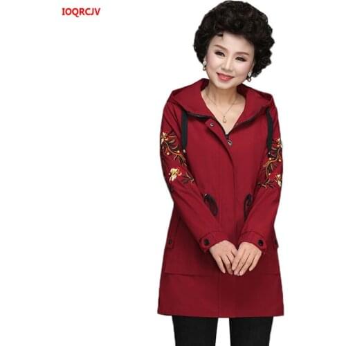 Womens jacket 2020 New Spring Middle-aged Womens Embroidery Hooded Coat Casual Female Long Windbreaker Coat Plus Size 5XL W522