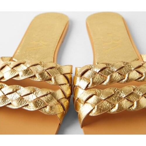 Slippers ZAR DT 2020 new womens shoes gold square toe braided metal flat sandals women shoes summer plus size