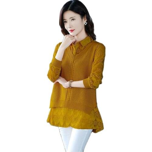 Ladies Sweater Spring Autumn Womens Jacket Fake Two-Piece Shirt Collar Lace Sleeves Blouse Female Knitted Bottoming Shirt