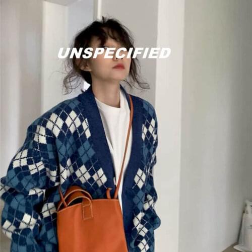 High street knit cardigan Japan check color contrast v-neck long-sleeved sweater jacket women Hong Kong retro preppy style wear