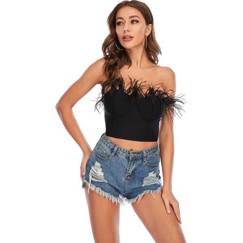 2021 summer new style solid color feather decoration sexy corset stretch cropped top womens Kylie Jenner wild short vest
