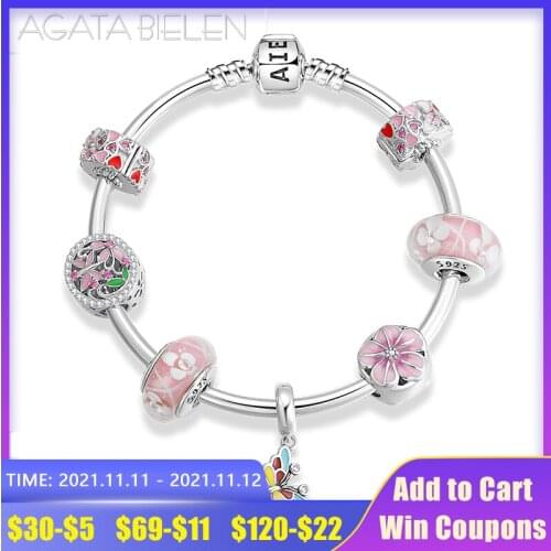 925 Sterling Silver Spring pink series Butterfly and flower Charm Bracelets Finished product for Women Fashion Jewelry
