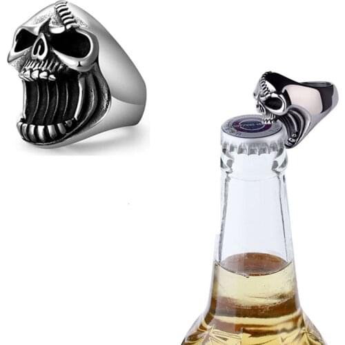 2018 Fashion Jewelry Gothic Punk Anel Motociclista Men Skull Ring Bottle Opener Anillo Craneo Stainless Steel Rings For Women