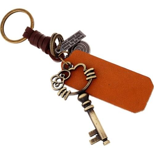 Retro Lovers Key Alloy Keychain Couple Keyring Punk Genuine Leather Car Keyfobs Charm Creative Bag Pendant Jewelry Gift FY077