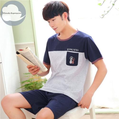 Summer Cotton Two Piece Set Short Sleeved Mens Pajamas set Sleep&Lounge Sexy Sleepwear Suit Pijama Casual Plus XXXXL Homewear