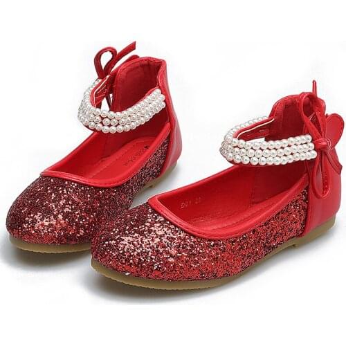 Princess Girls Leather Shoes for Wedding Party Glitter Leather with Bow-knot Pearls Ankle Strap Children Flats Kids Dress Shoes