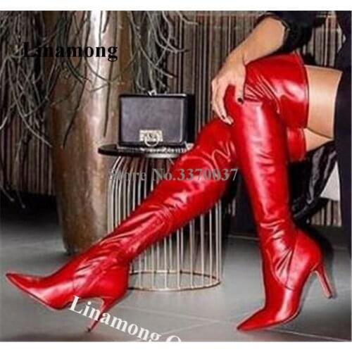 Linamong Sexy Women Pointed Toe Stiletto Heel Over Knee Boots Slim Red Leather Long High Heel Boots Club Dress Shoes