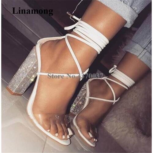 Women Charming Fashion Open Toe One PVC Strap Chunky Rhinestone Heel Sandals White Lace-up Thick High Heel Sandals Dress Heels
