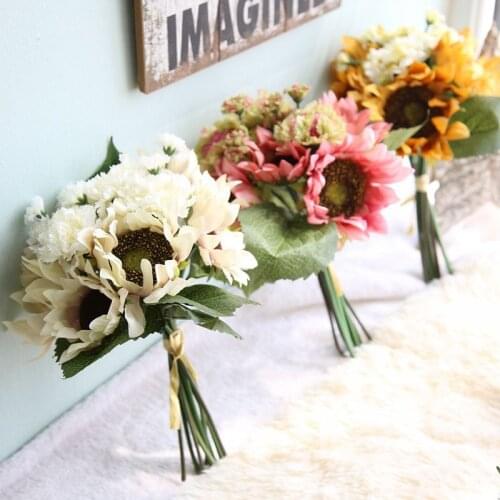 Factory Wholesale 1 Bouquet Artificial Silk Sunflower Carnation Bridal Wedding Home Decoration Arrangements Free Shipping