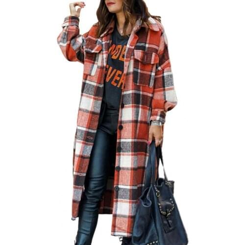 Coat Women Autumn Turn Down Collar Long Sleeve Plaid Maxi Shirt Coat Jacket Overcoat